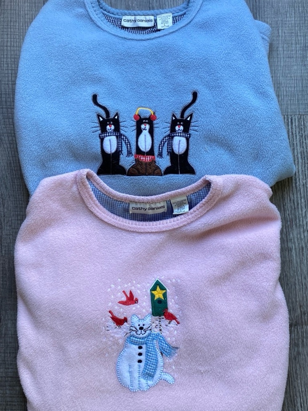 Cathy Daniels sz Large Fleece Sweaters - Blue & Pink Cat Designs